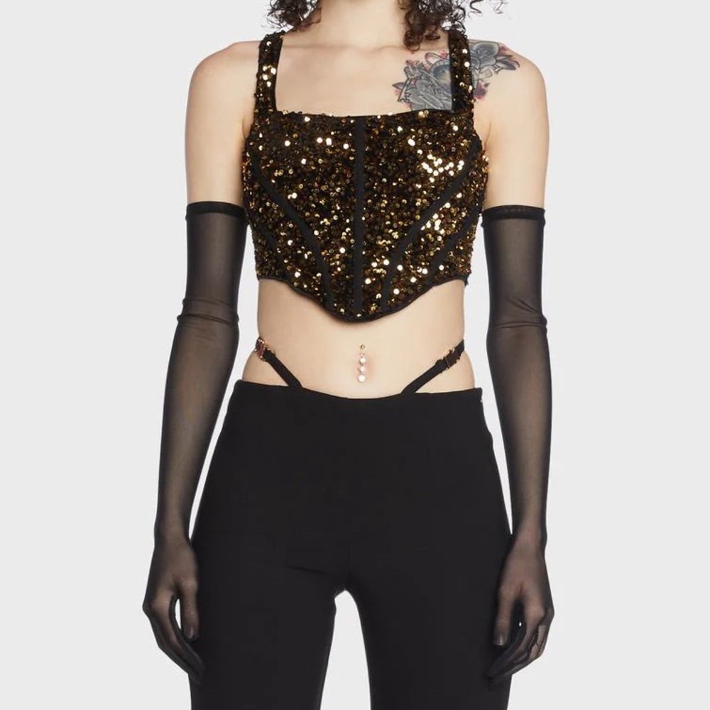 NWT RARE LONDON gold sequin corset glove top